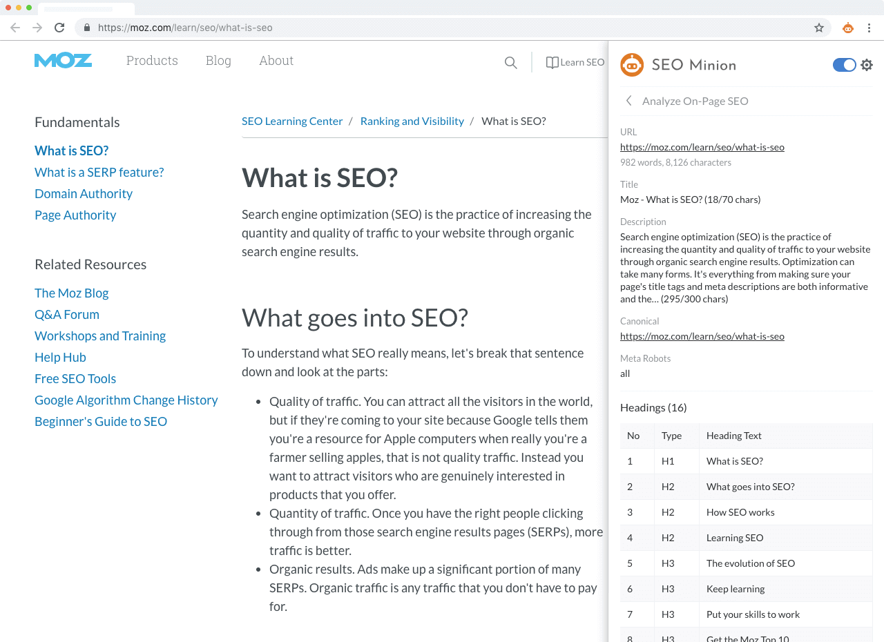 SEO Minion Page Analysis Screenshot