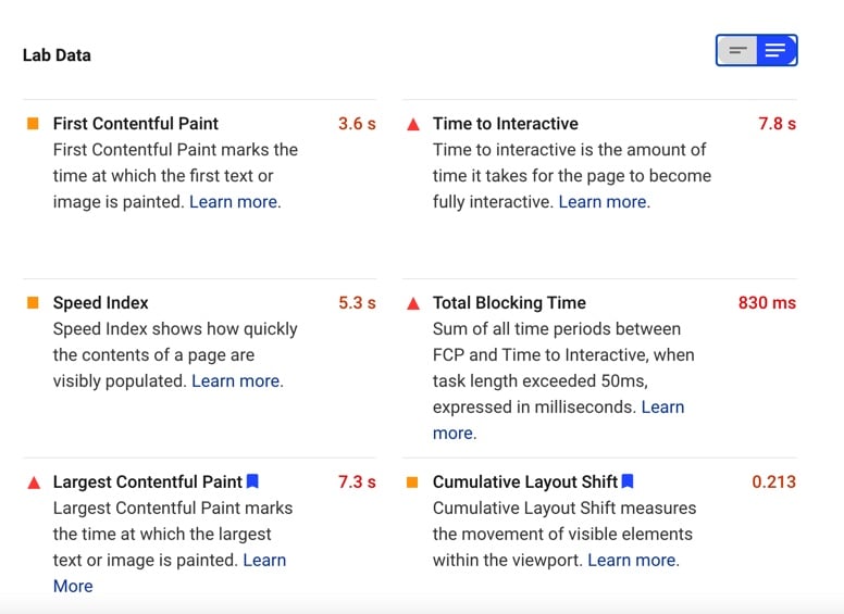 Google PageSpeed Insights Lab Data Explanations